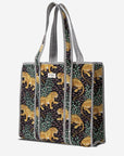 SAVANNA - Leopar Desenli Siyah Pamuklu Kumaş Günlük Omuz Çantası - Tote Bag