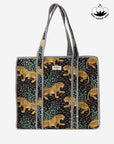 SAVANNA - Leopar Desenli Siyah Pamuklu Kumaş Günlük Omuz Çantası - Tote Bag