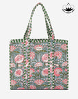 MARIGOLD - Floral Desenli Yeşil Pamuklu Kumaş Günlük Omuz Çantası - Tote Bag