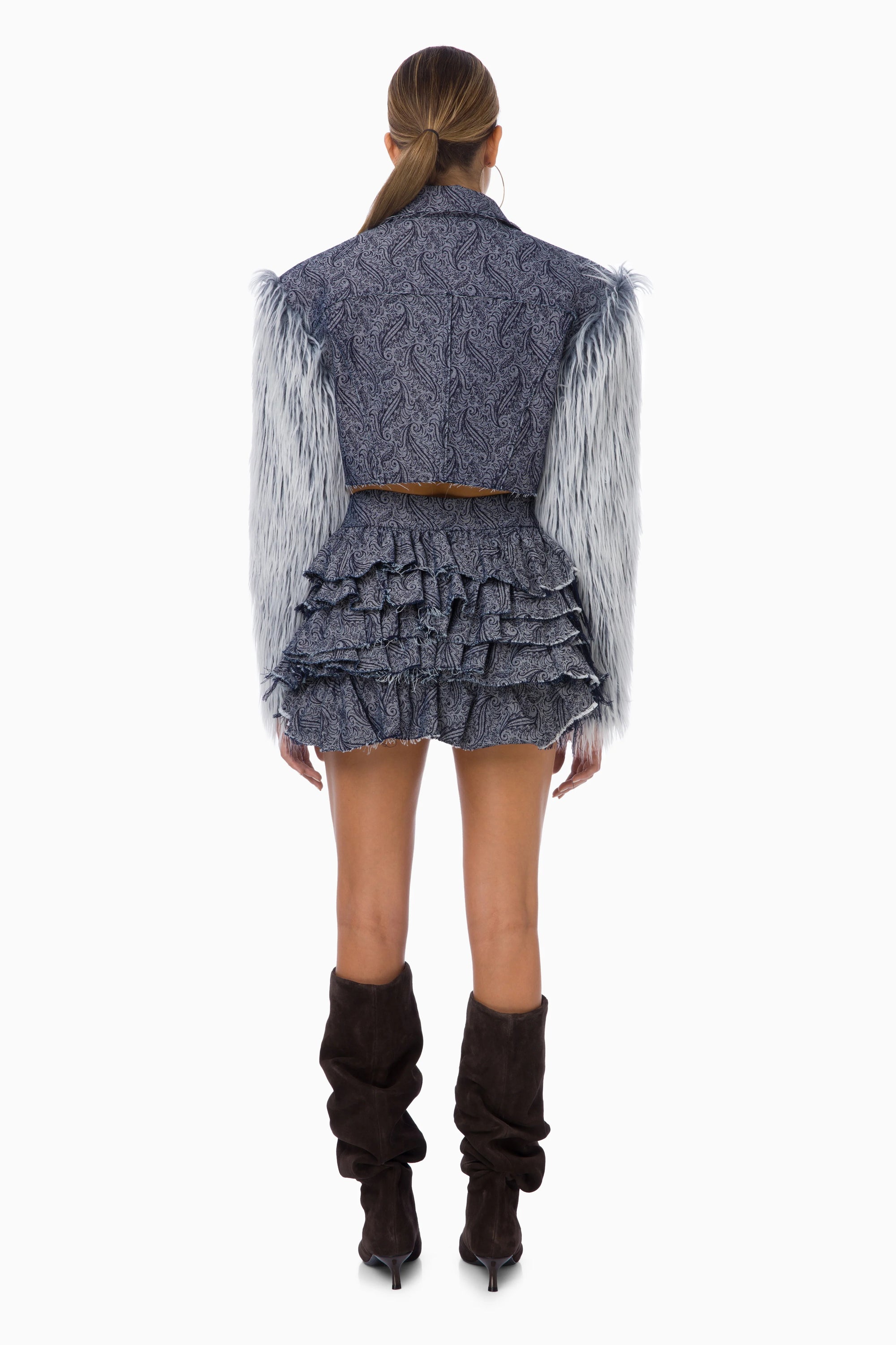Mills Fırfırlı Mini Denim Etek / Koyu Mavi Desenli