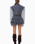 Mills Fırfırlı Mini Denim Etek / Koyu Mavi Desenli