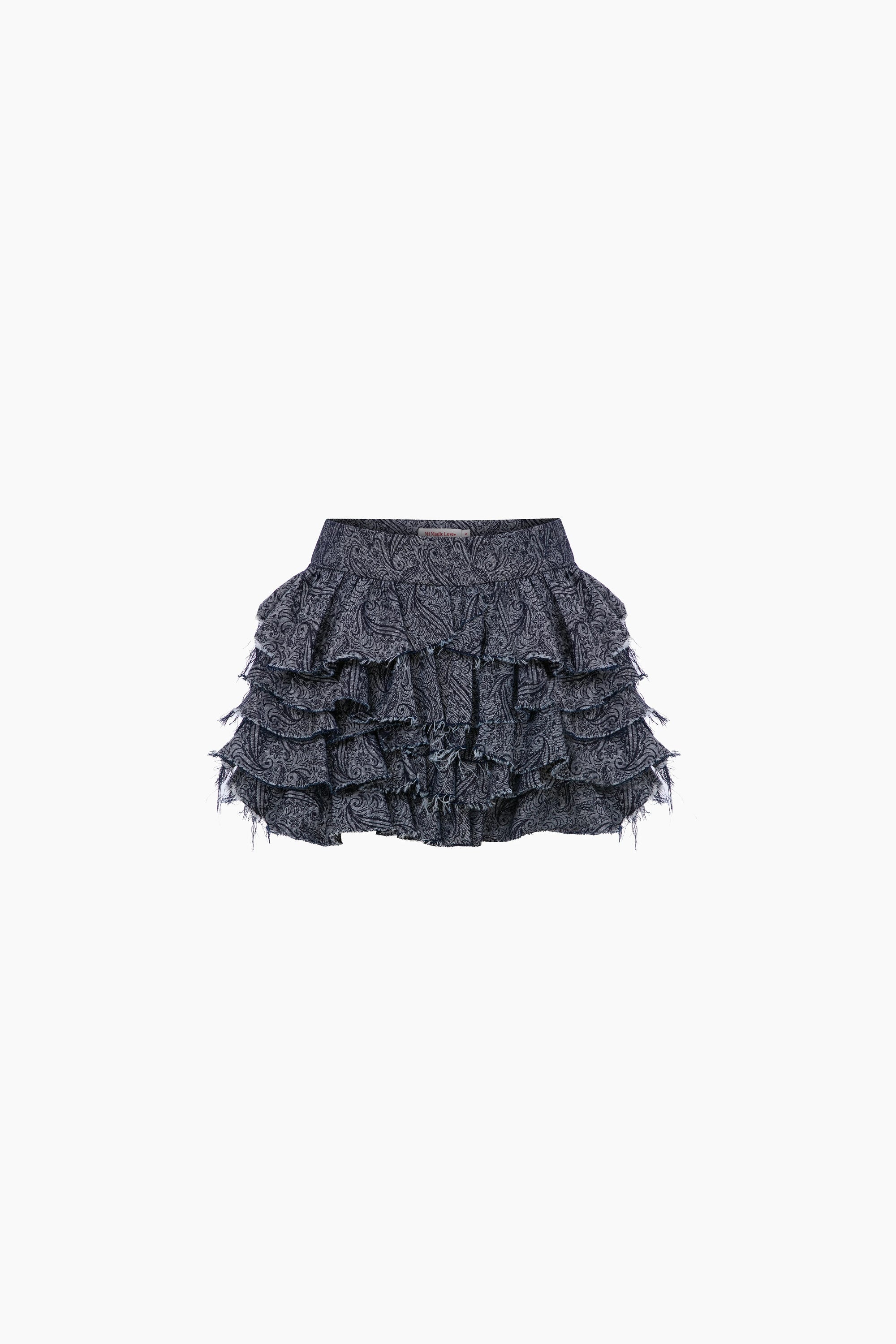 Mills Fırfırlı Mini Denim Etek / Koyu Mavi Desenli