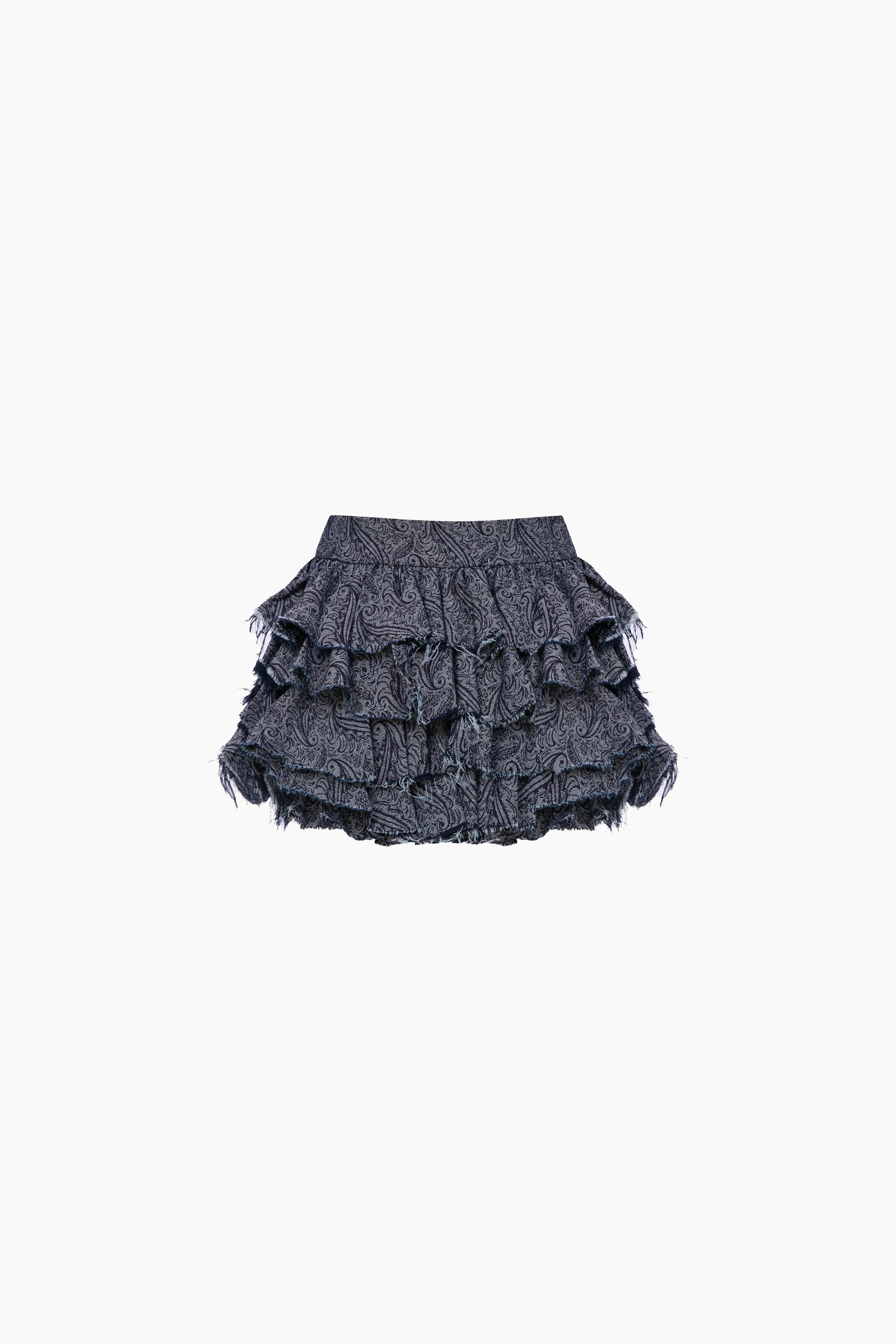 Mills Fırfırlı Mini Denim Etek / Koyu Mavi Desenli